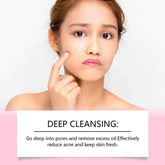 Woman pointing to her face with text about deep cleansing on a light pink background