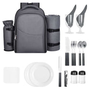 Grey picnic backpack with cooler, outdoor dining set, insulated interior