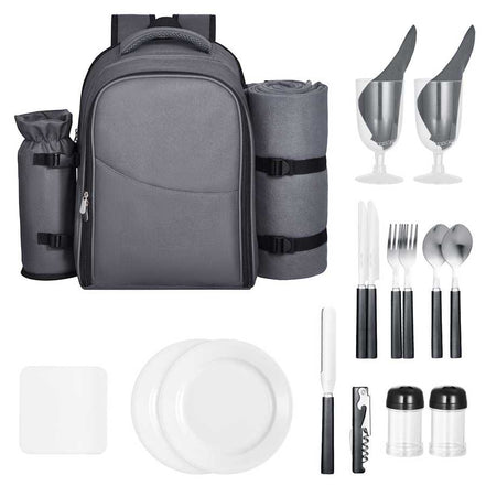 Grey picnic backpack with cooler, outdoor dining set, insulated interior