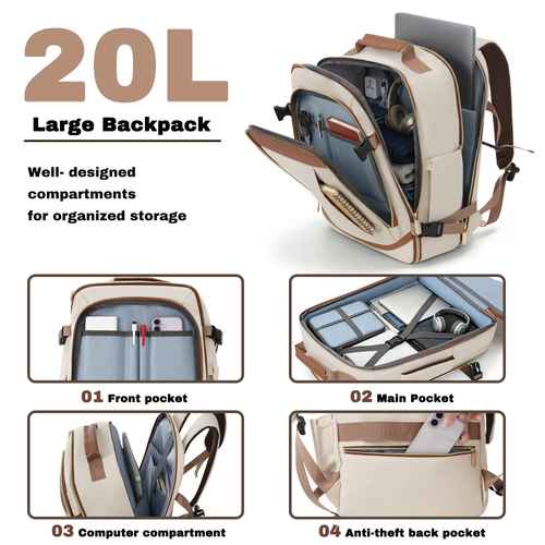 Beige and brown 20L large backpack shown open with multiple interior compartments, plus four inset detail views labeled front pocket, main pocket, computer compartment, and anti-theft back pocket on a white background.