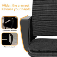 Black mesh office chair with armrest widening feature and text on comfort and pain relief.