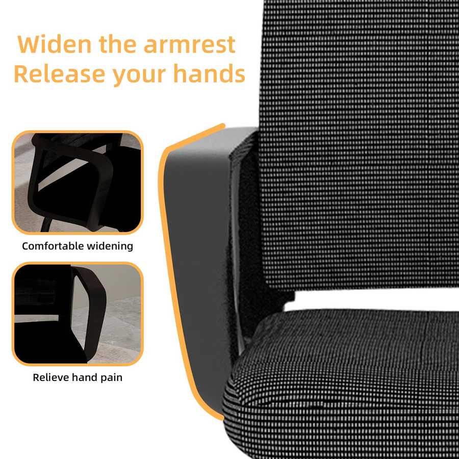 Black mesh office chair with armrest widening feature and text on comfort and pain relief.