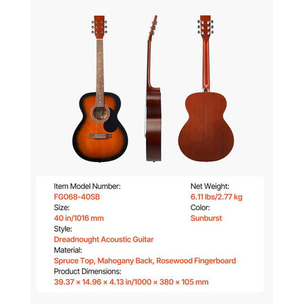 Acoustic guitar with accessories including strap, picks, and tuner