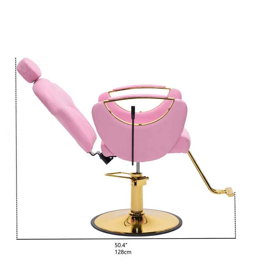 Pink salon barber chair with gold metal base and armrests, shown with dimension markings of 50.4 inches (128 cm) width on a white background.