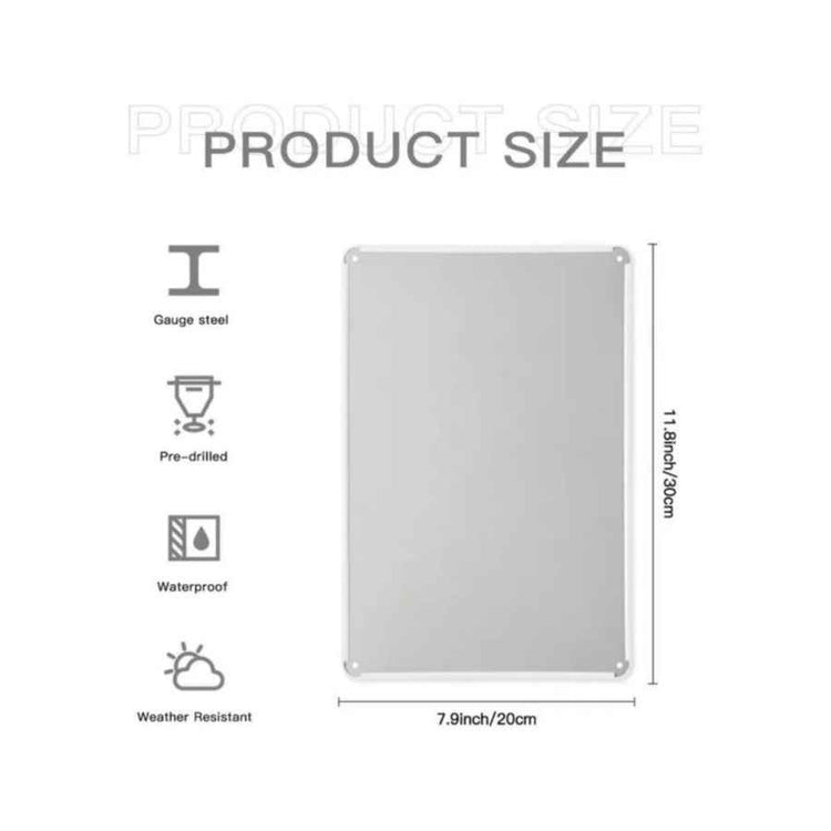 Product size chart with dimensions and features of a metal sheet on a white background