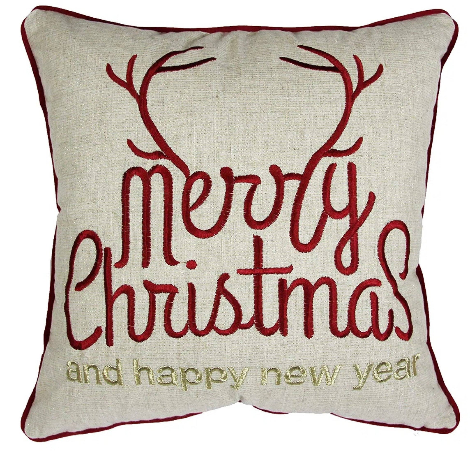 Merry Christmas and Happy New Year Throw Pillow – 20x20 Linen Look with Gold Accents and Insert