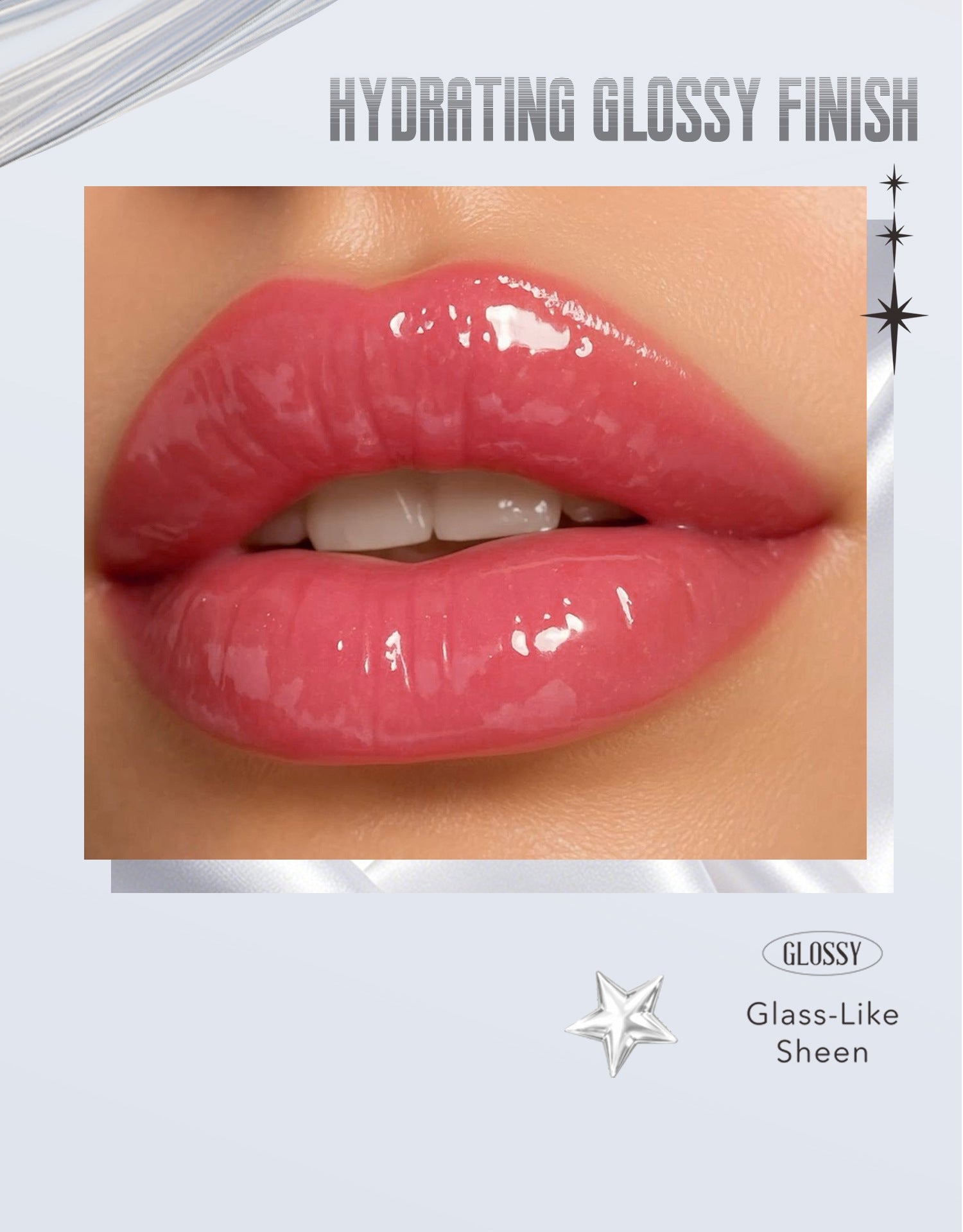 Close-up of glossy pink lips with the text &