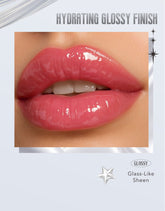 Close-up of glossy pink lips with the text &