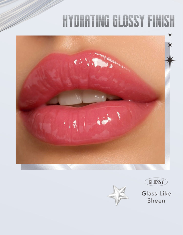 Close-up of glossy pink lips with the text &