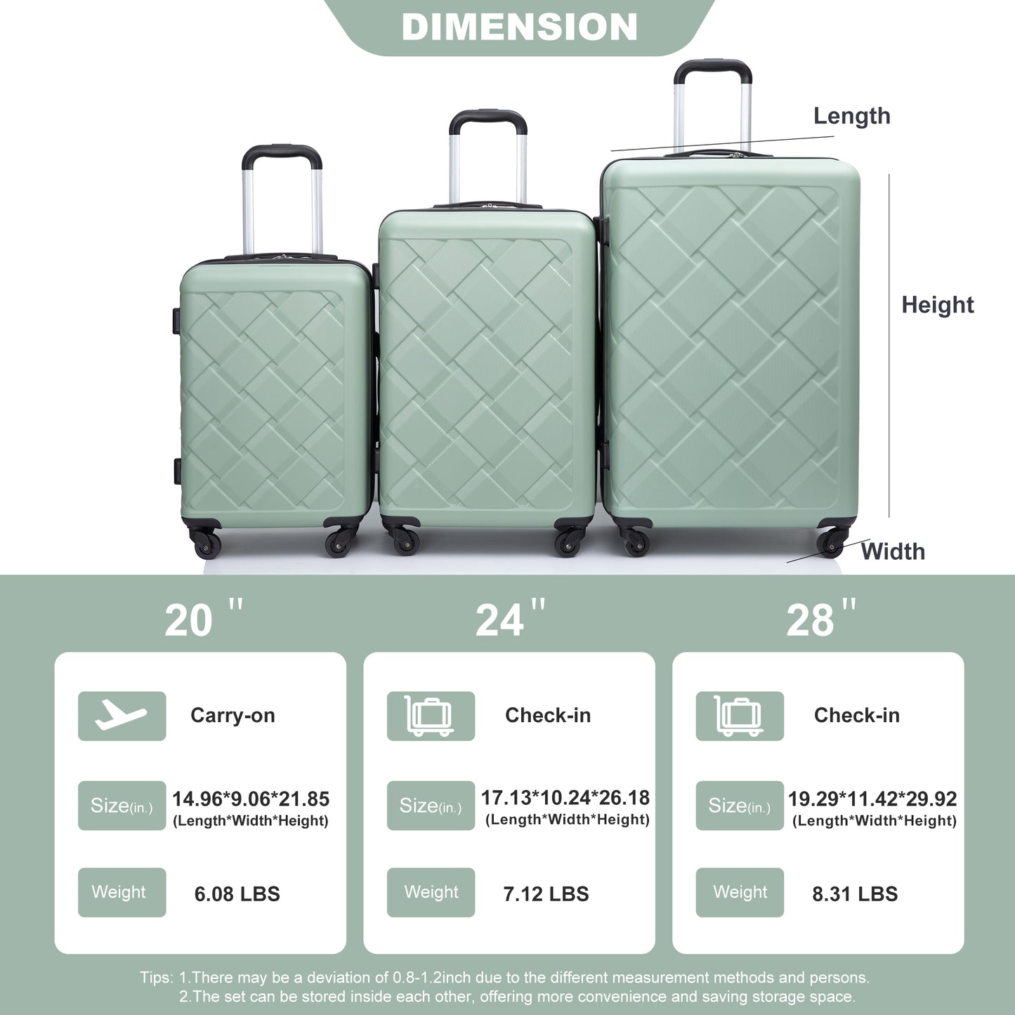 Hardshell Suitcase with Spinner Wheels ABS Luggage Sets Lightweight Durable Suitcase,8-Piece Set (20/24/28+portable handbag + 4 pieces storage bag set) , GREEN