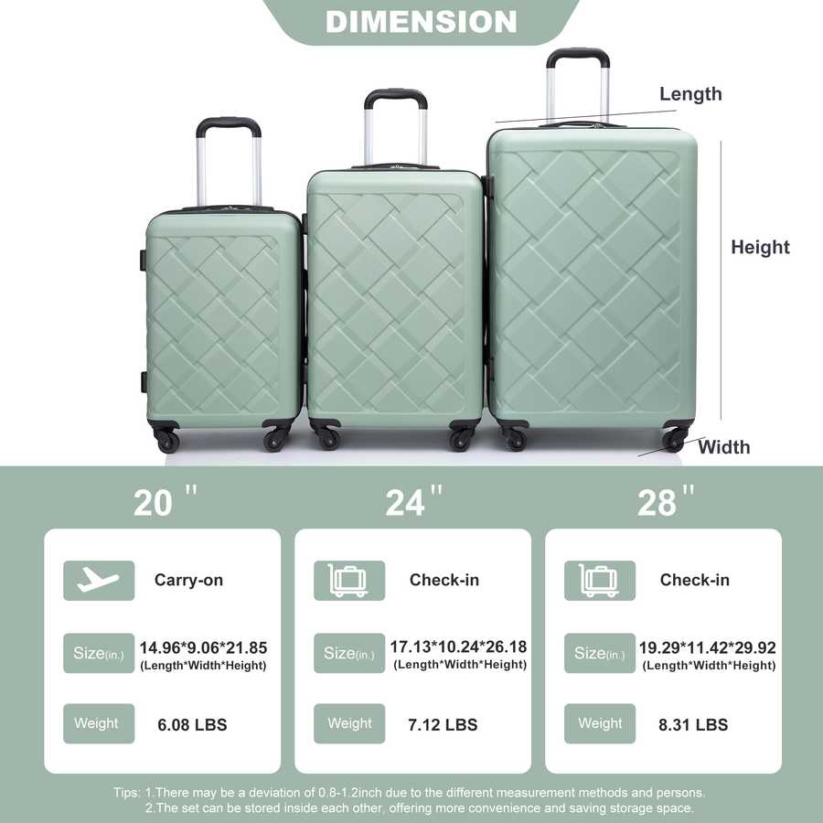 Hardshell Suitcase with Spinner Wheels ABS Luggage Sets Lightweight Durable Suitcase,8-Piece Set (20/24/28+portable handbag + 4 pieces storage bag set) , GREEN