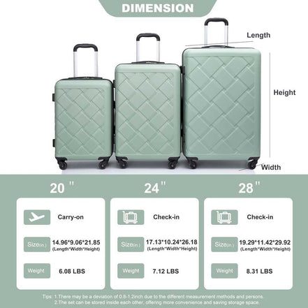 Hardshell Suitcase with Spinner Wheels ABS Luggage Sets Lightweight Durable Suitcase,8-Piece Set (20/24/28+portable handbag + 4 pieces storage bag set) , GREEN