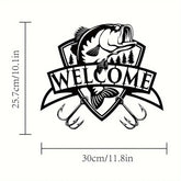 Black and white fishing-themed wall art with welcome message