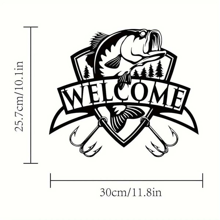 Black and white fishing-themed wall art with welcome message