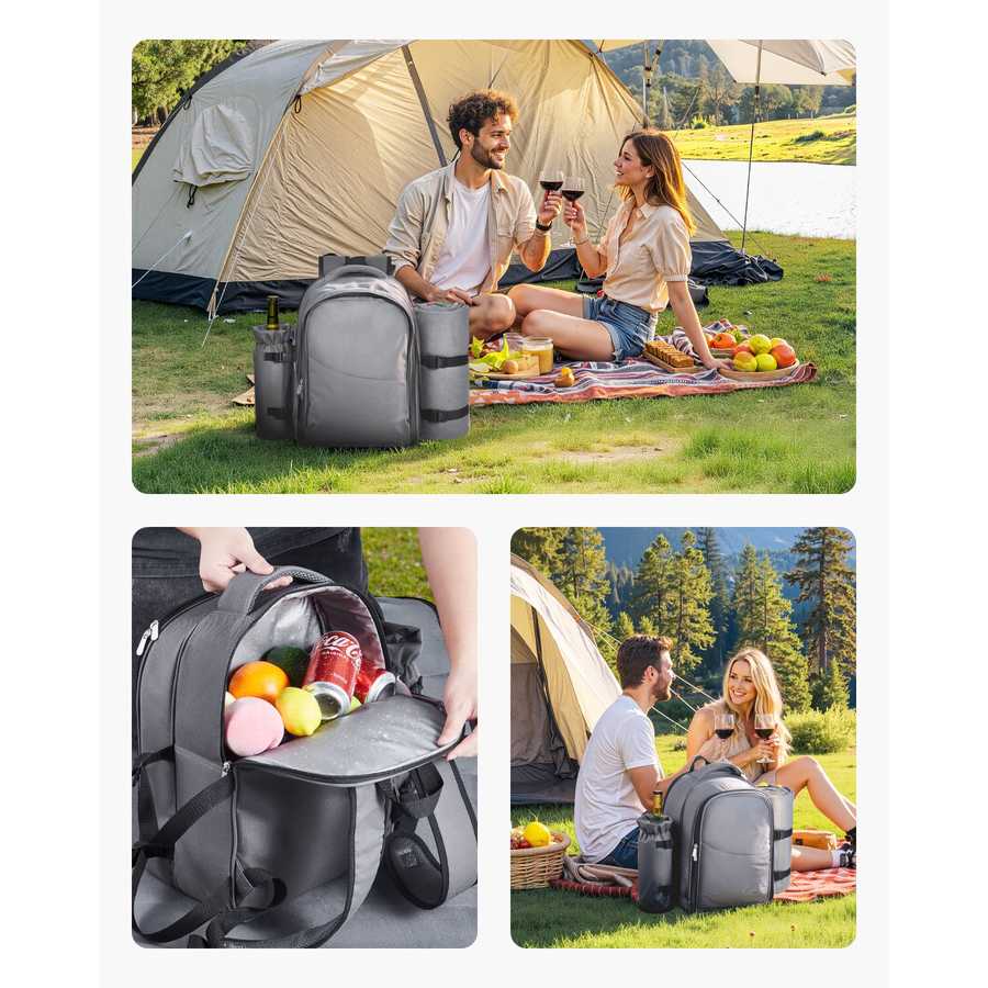 Grey picnic backpack with cooler, outdoor picnic scene, couple enjoying wine, camping gear