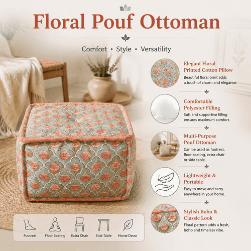 A floral pouf ottoman with a boho-style patterned cover, shown in a styled home interior setting with descriptive text and feature callouts on a beige background.