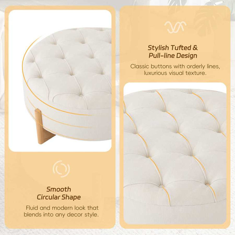 Round tufted ottoman with stylish design elements on a beige background