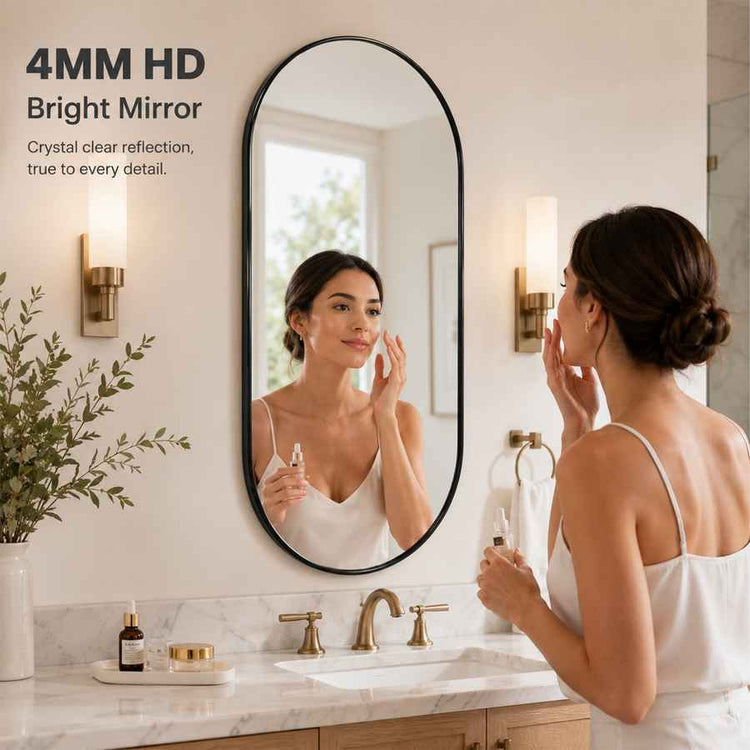 Woman applying makeup in front of a 4MM HD bright mirror in a bathroom.