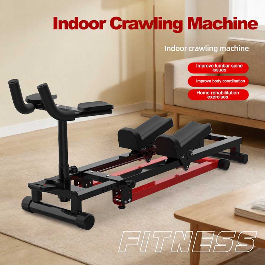 Indoor crawling machine in a living room setting with text highlighting its benefits.