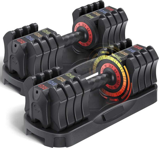 Adjustable Dumbbells Set - Home Gym | 22.5LB Weights with compact tray and color-coded plates for quick weight changes and space-saving storage.