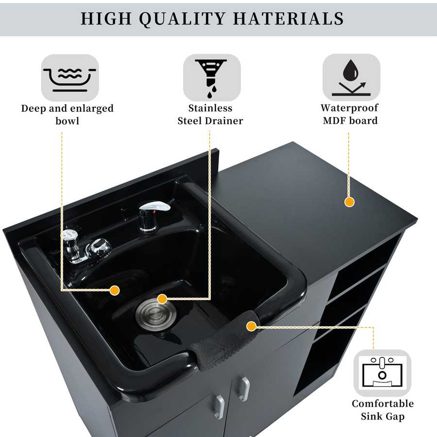 Black sink with labeled features on a white background