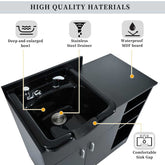 Black sink with labeled features on a white background