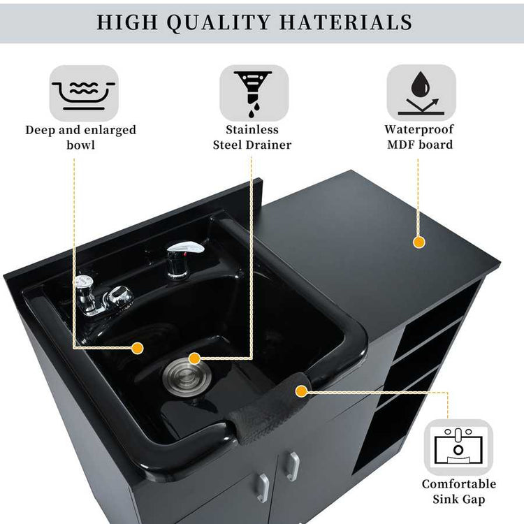 Black sink with labeled features on a white background