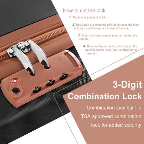 Brown TSA-approved 3-digit combination lock on travel luggage, with instructions for setting and securing the lock for added security