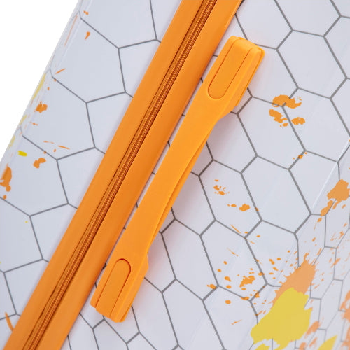 Two orange zippers on a geometric patterned surface