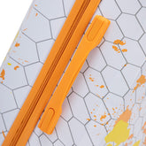 Two orange zippers on a geometric patterned surface