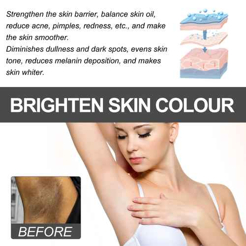 Advertisement for skin brightening product showing before and after effects on skin color.
