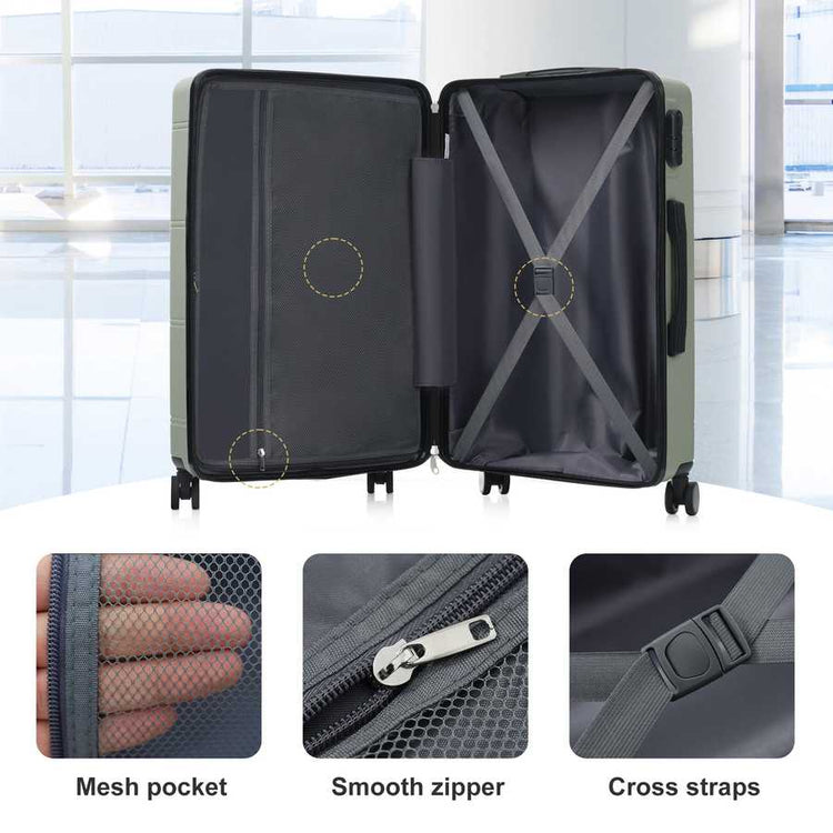 Green suitcase with open lid showing mesh pocket, smooth zipper, and cross straps on a white background.