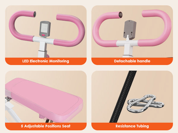 Close-up of squat machine features including LED monitor, detachable handle, adjustable seat, and resistance tubing.