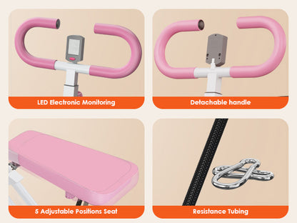 Close-up of squat machine features including LED monitor, detachable handle, adjustable seat, and resistance tubing.