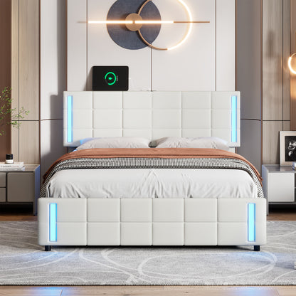 Queen Size Upholstered Platform Bed with LED Lights and USB Charging