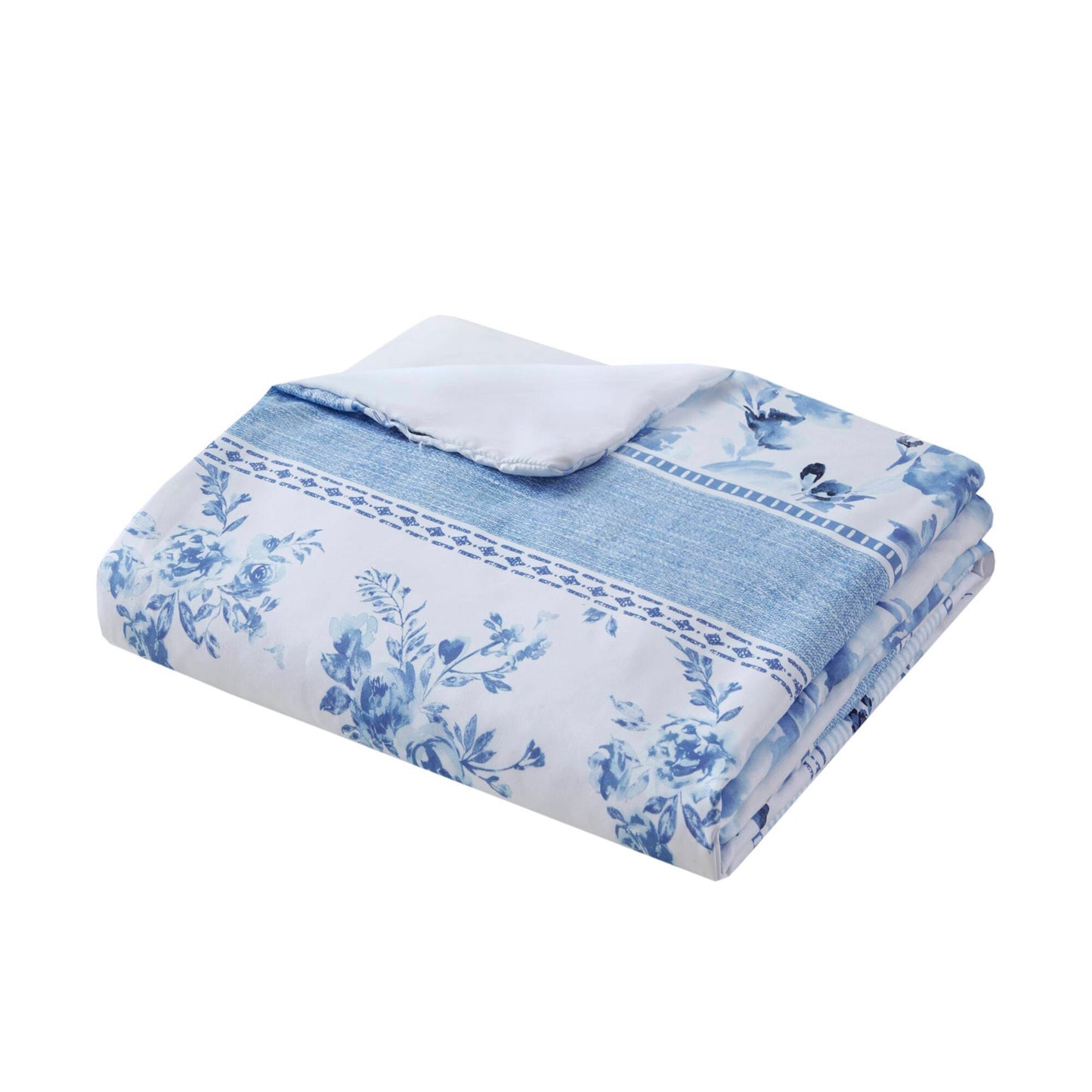Folded Twin Floral Striped Duvet Cover Set - Twin Duvet Cover Set Floral showing reversible design with blue floral and striped patterns.