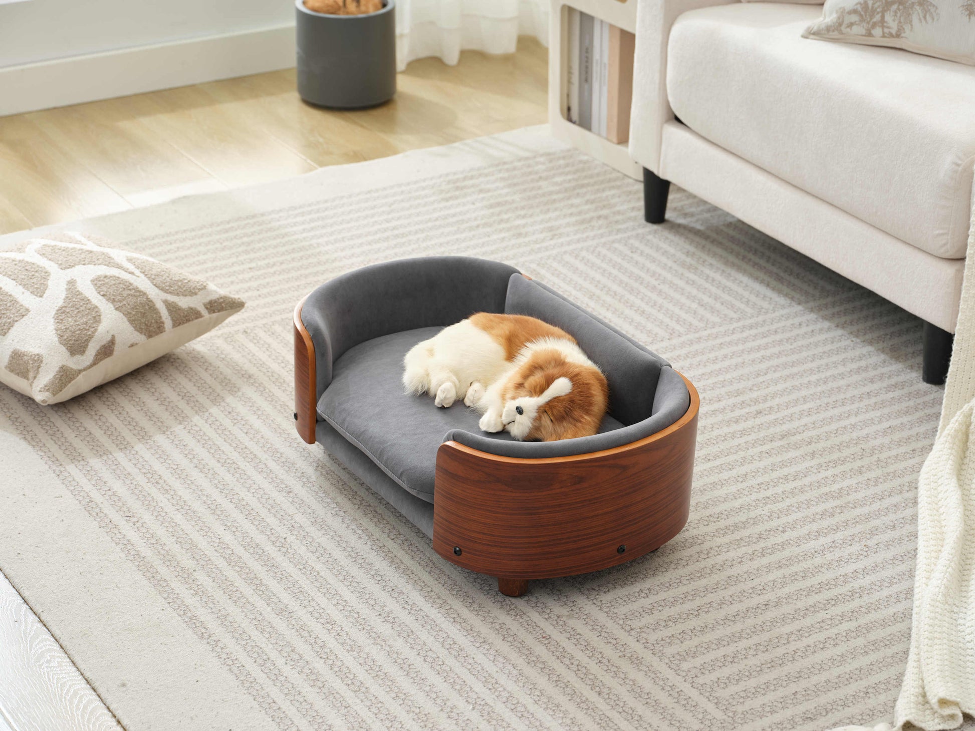 Scandinavian pet sofa with orthopedic velvet cushion and solid wood frame, ideal for small dogs in stylish interiors.