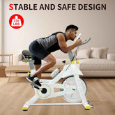 Person using a stationary bike in a living room with text about stable and safe design and weight capacity.