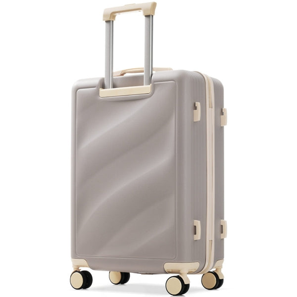 Rear view of ABS suitcase with telescopic handle and spinner wheels, part of a durable lightweight luggage set for travel convenience.
