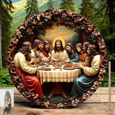 A large circular carved wooden plaque depicting the Last Supper, featuring an ornate floral frame and a detailed scene of Jesus and his disciples at a table, set against a forest background.