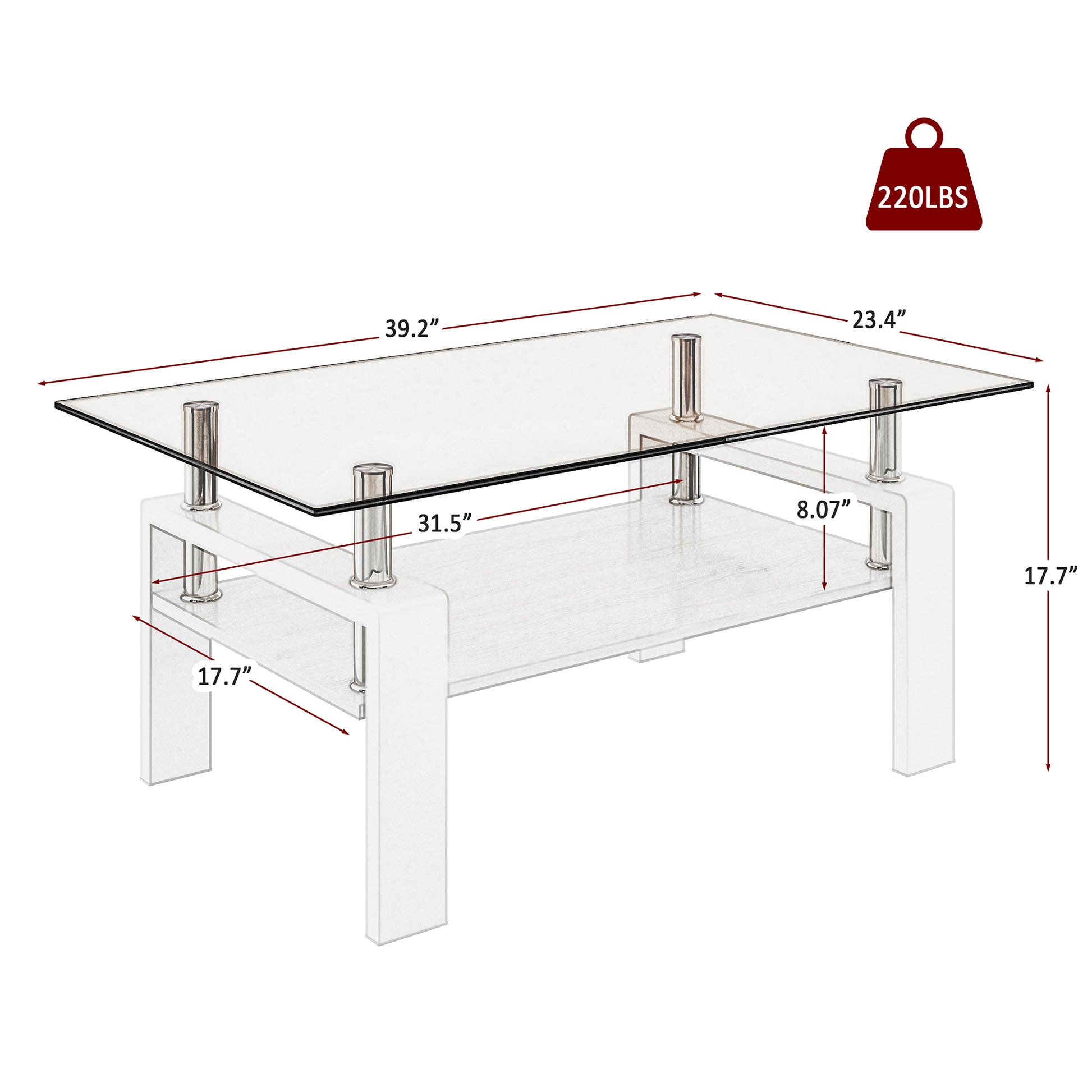 Modern Rectangular Coffee Table with Tempered Brown Glass Top and MDF Layer – Table for Living Room