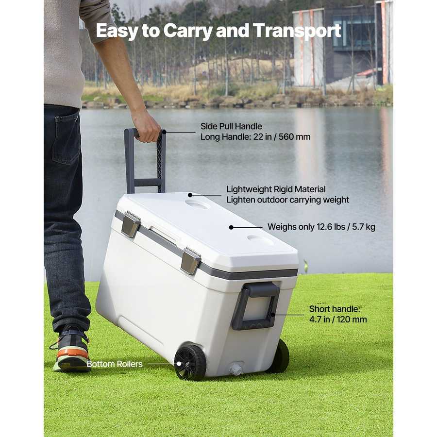 Person pushing a white cooler with text highlighting features like easy carrying, lightweight design, and bottom rollers.