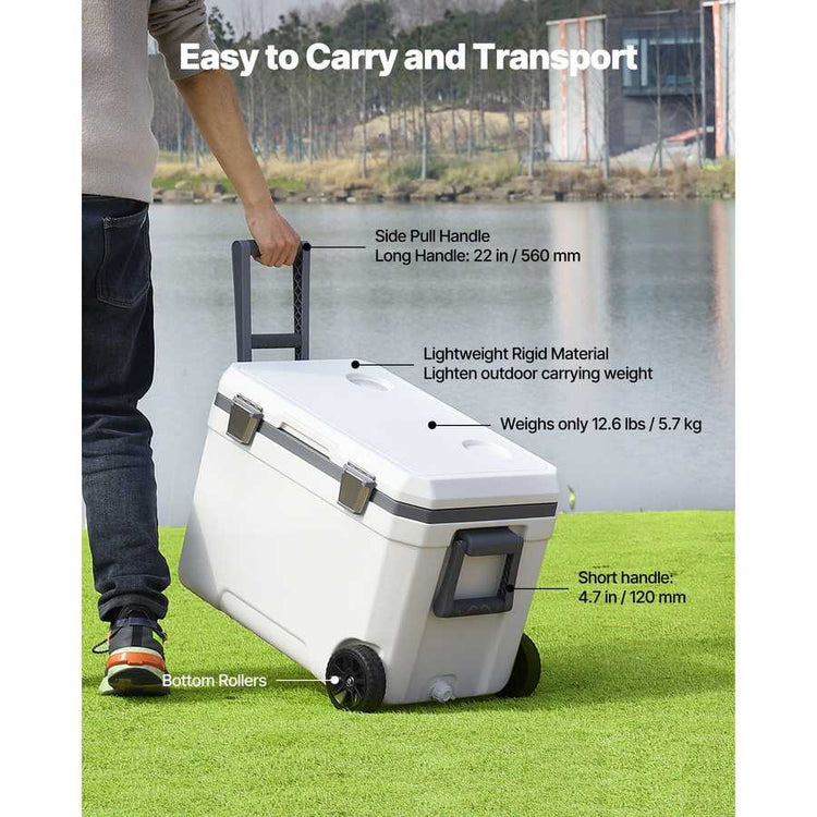 Person pushing a white cooler with text highlighting features like easy carrying, lightweight design, and bottom rollers.