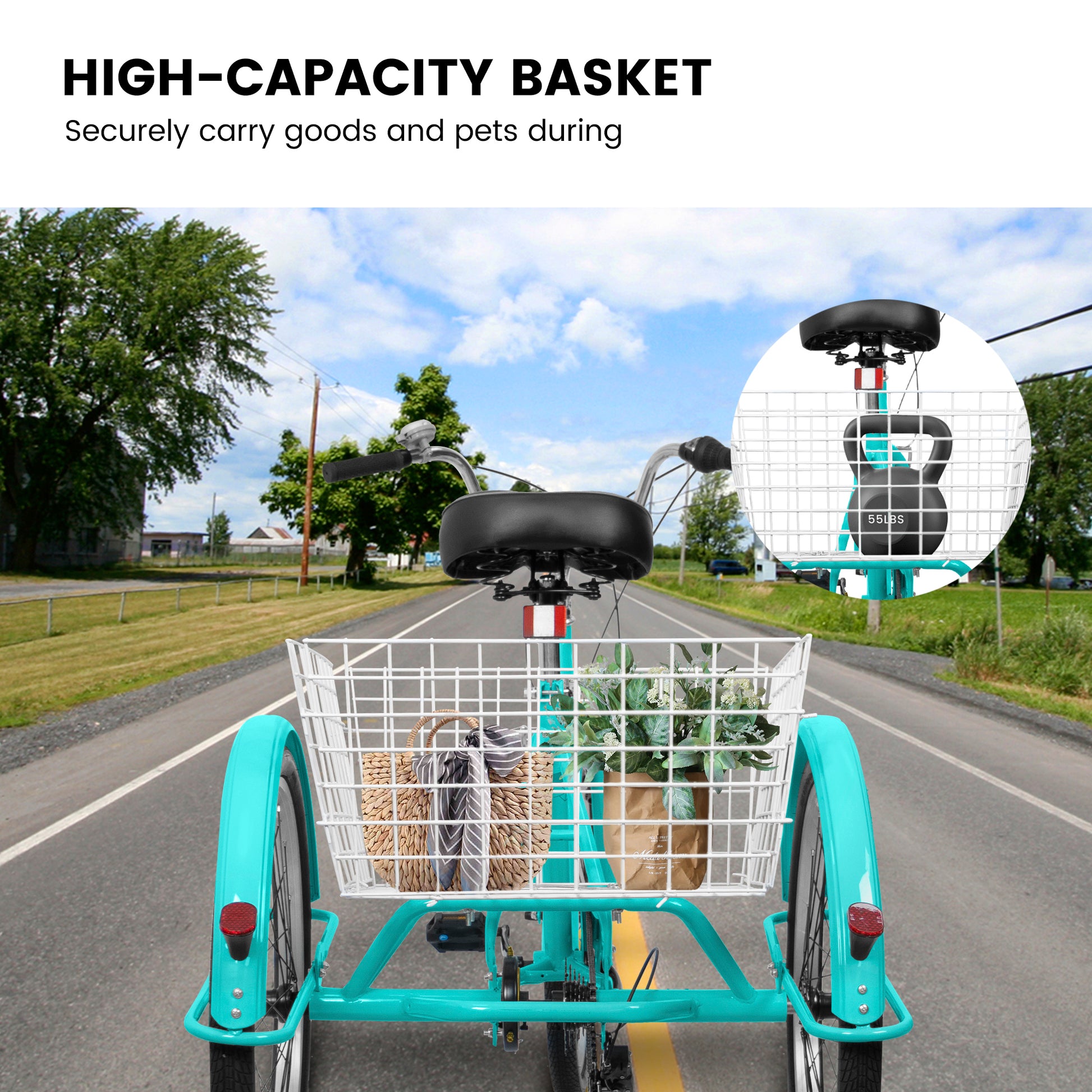 A24632 Adult Tricycles 7 Speed, Adult Trikes 24 inch 3 Wheel Bikes, Three-Wheeled Bicycles Cruise Trike with Shopping Basket for Seniors, Women, Men