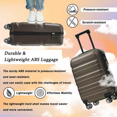 Lightweight, pressure-resistant ABS luggage with soft grip handle, combination lock, and four spinner wheels for easy mobility.