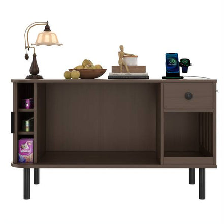 Front view of empty cat litter box enclosure showing open storage space, drawer, and side shelves for pet supplies.