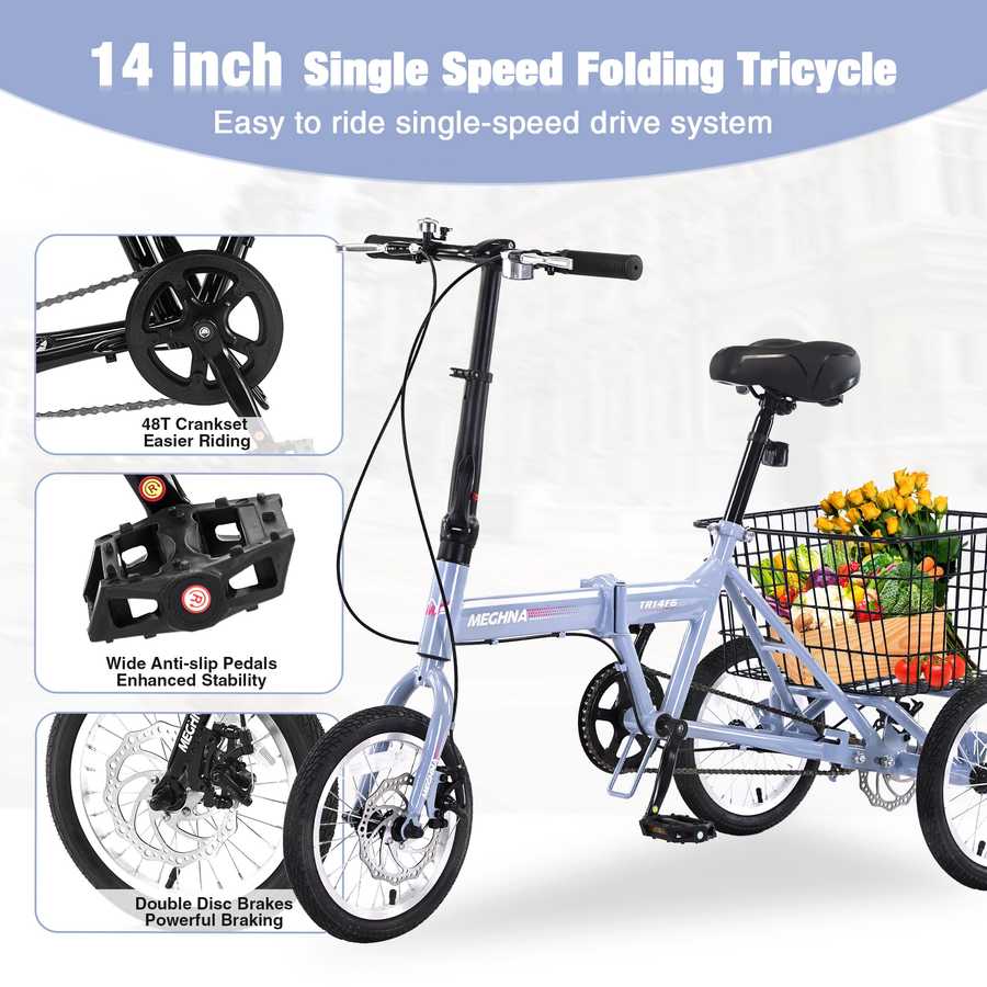 Folding Tricycle for Adults, 14 Inch 3 Wheel Bikes for Adult