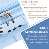 Instructions on how to set a 3-digit combination lock on a blue suitcase.