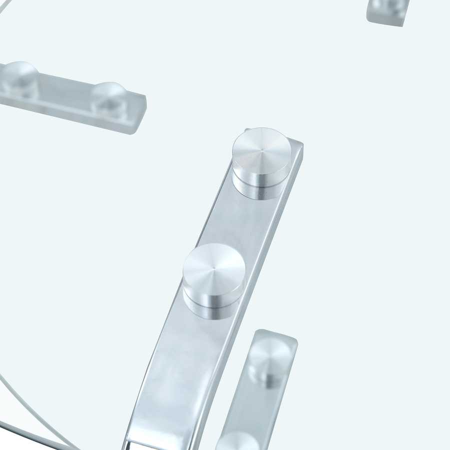 Detailed view of metal connectors securing the glass top on the Vintage Metal Frame Glass Coffee Table 31.5''.