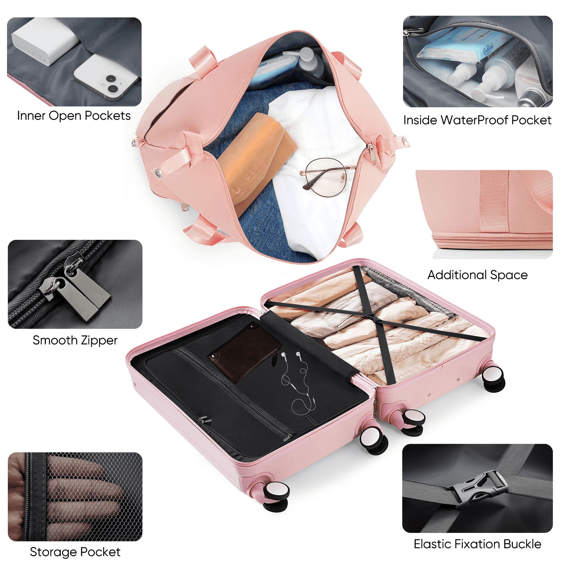 4-Piece Luggage Set with USB Charging Ports - 20in Carry-On (Front-Opening for Laptop) 28in Checked Suitcase with TSA Lock Travel Duffel Bag Wet-Dry Toiletry Bag, pink
